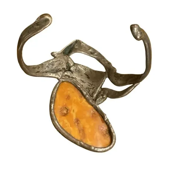 Artisan Made Eclectic Sterling Silver and Amber??? Statement Cuff Bracelet - Picture 6 of 11